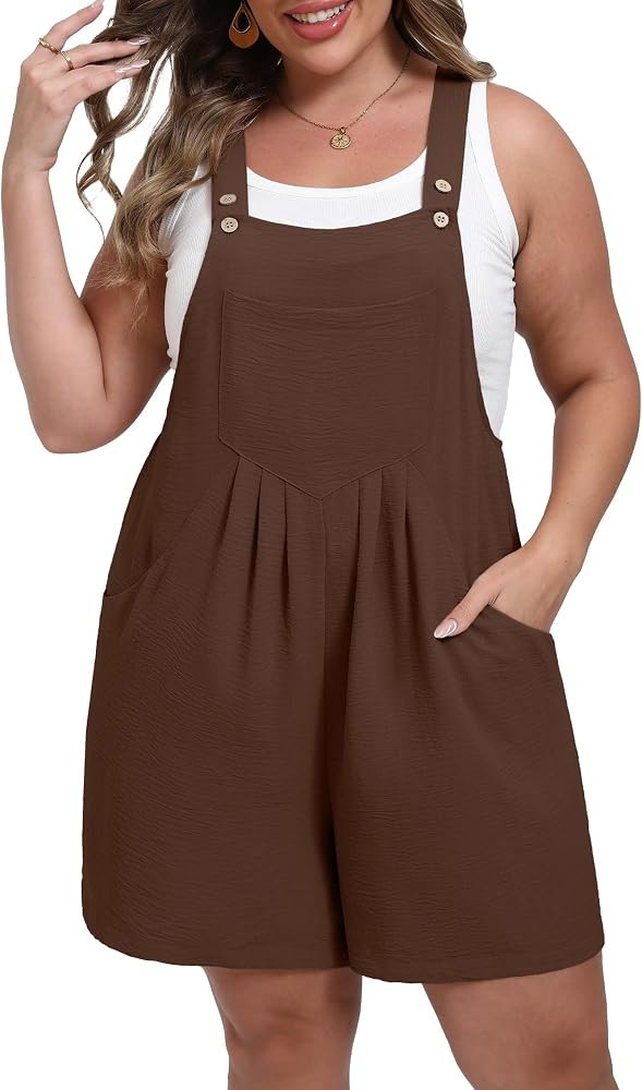 Plus Size Rompers for Women - 2026 Adjustable Short Overalls Loose Wide Leg Jumpsuit with Pocket ... | Amazon (US)