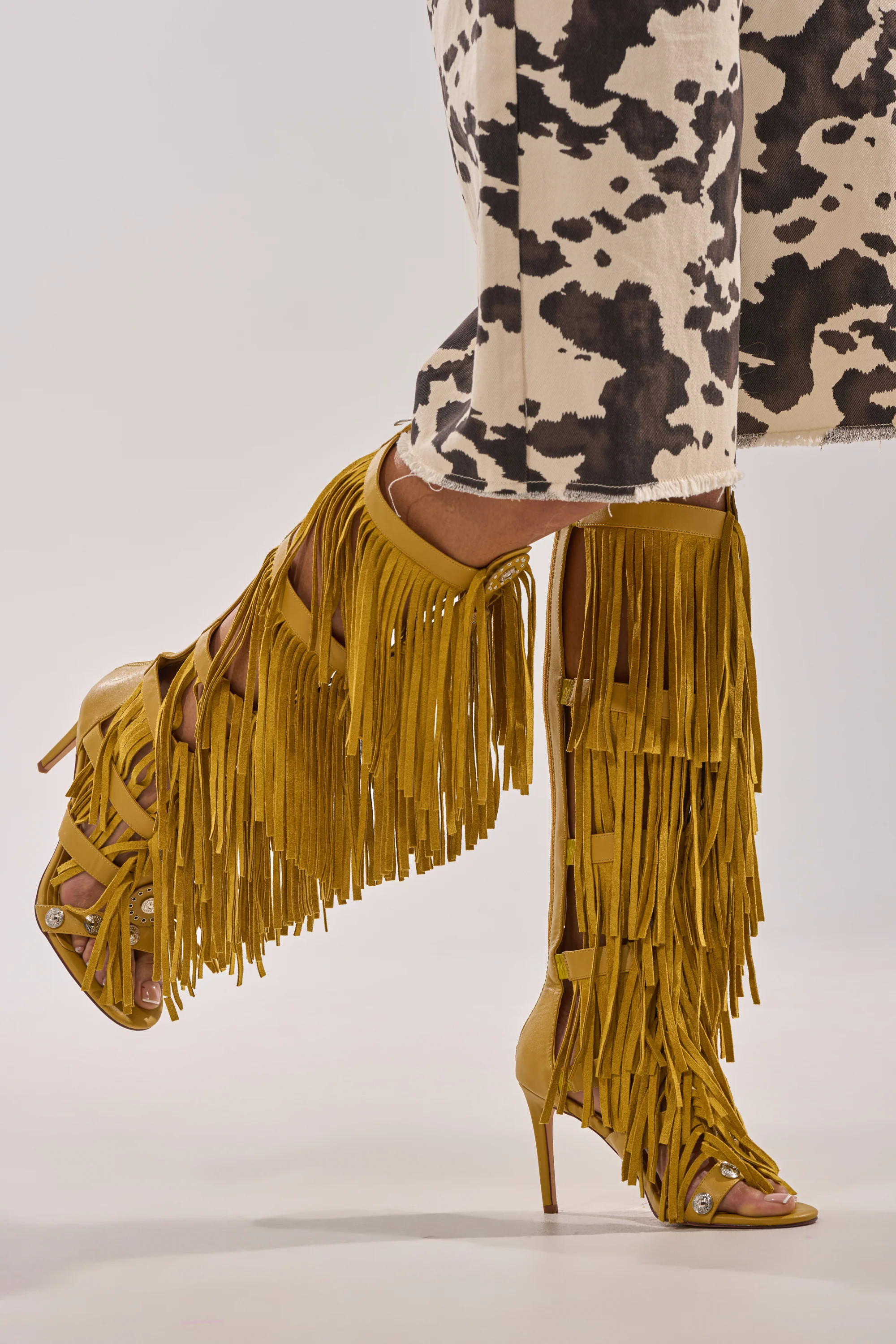 AZALEA WANG SAMEYANA MUSTARD FRINGE AND METAL STILETTO GLADIATOR SANDAL | AKIRA
