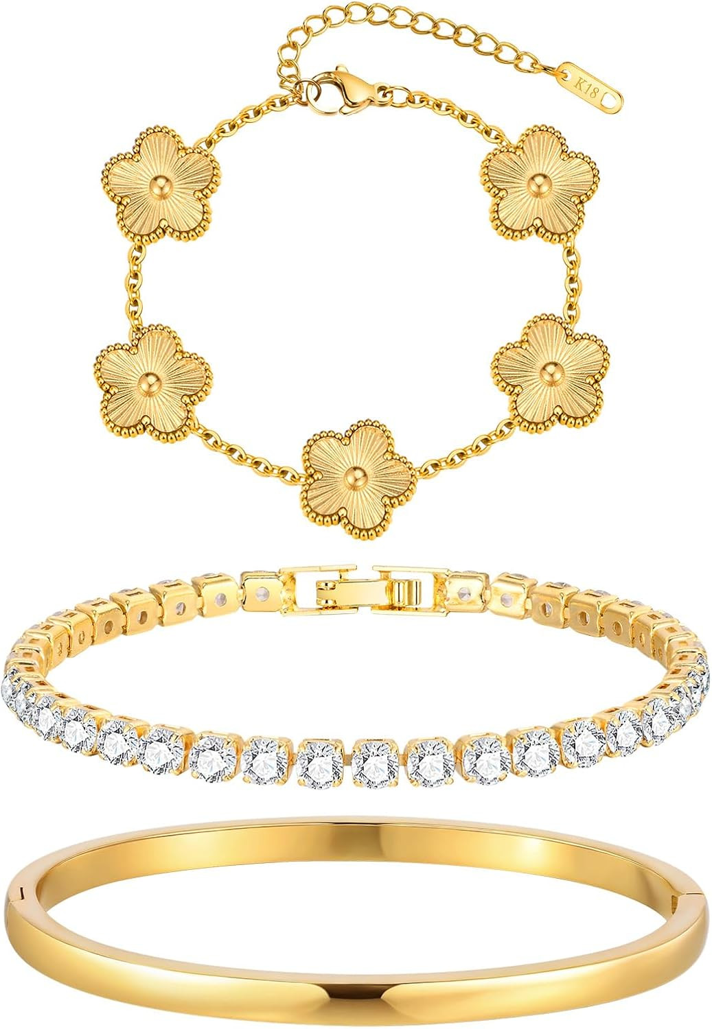 KSF Stackable Floral Gold Bracelets - 3Pcs Lucky 18K Gold Plated Bracelet | Amazon (US)