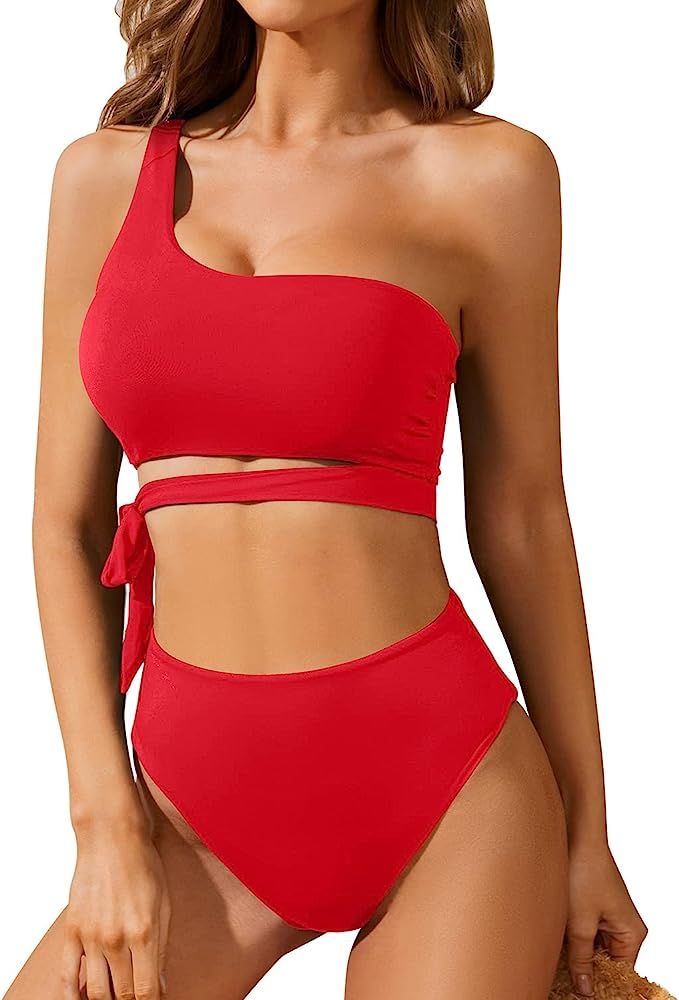 Tempt Me Women One Shoulder Bikini Sets High Waisted Two Piece Swimsuits Tie High Cut Bathing Sui... | Amazon (US)