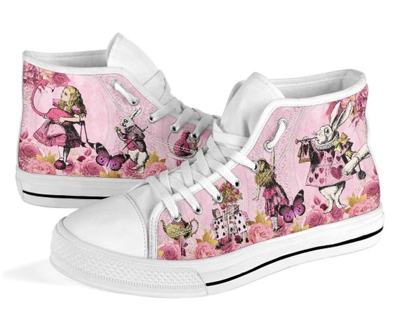 Alice in Wonderland Pink hi top womens sneakers  - The White Rabbit and Alice hi top sneakers (SN... | Etsy (US)