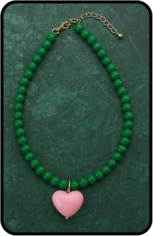 Heart Necklaces For Women, Green Beaded Pink Heart Pendant Choker Necklace Summer Y2K Cute Statem... | Amazon (US)