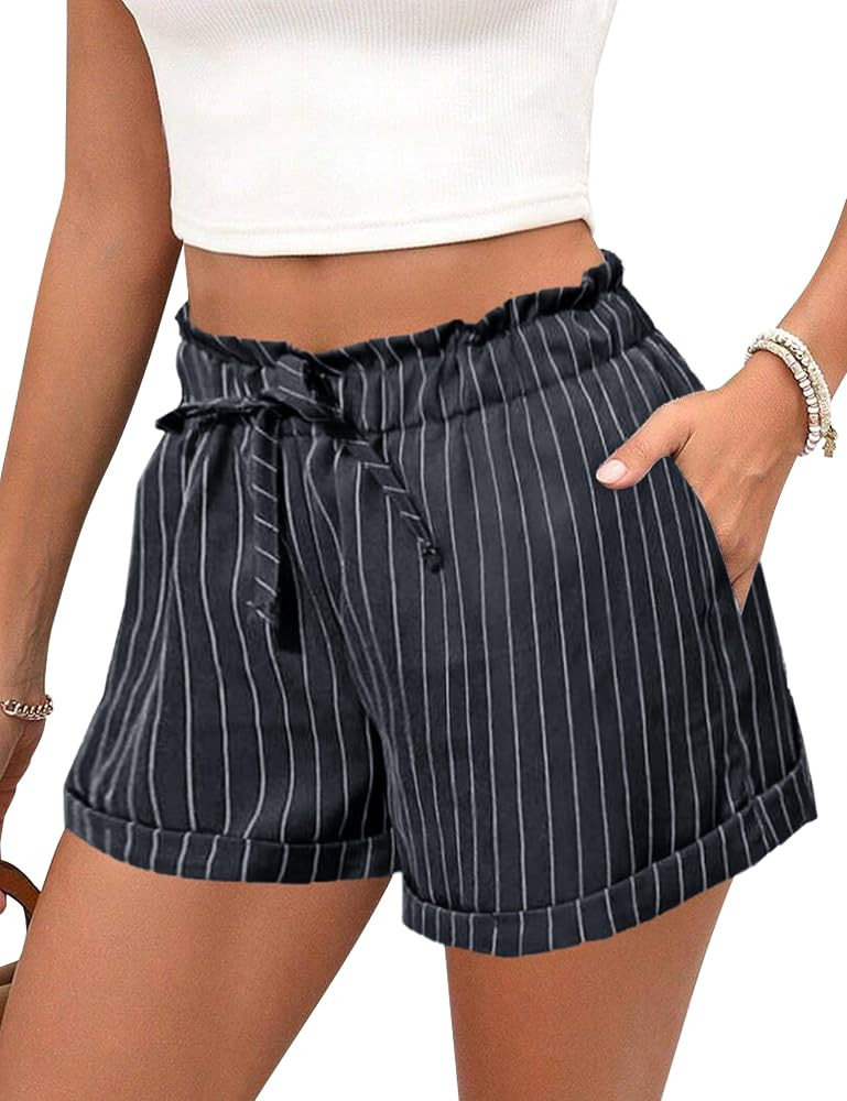 Shorts for Women Striped Elastic High Waisted Shorts Women Casual Trendy Summer Womens Shorts wit... | Amazon (US)