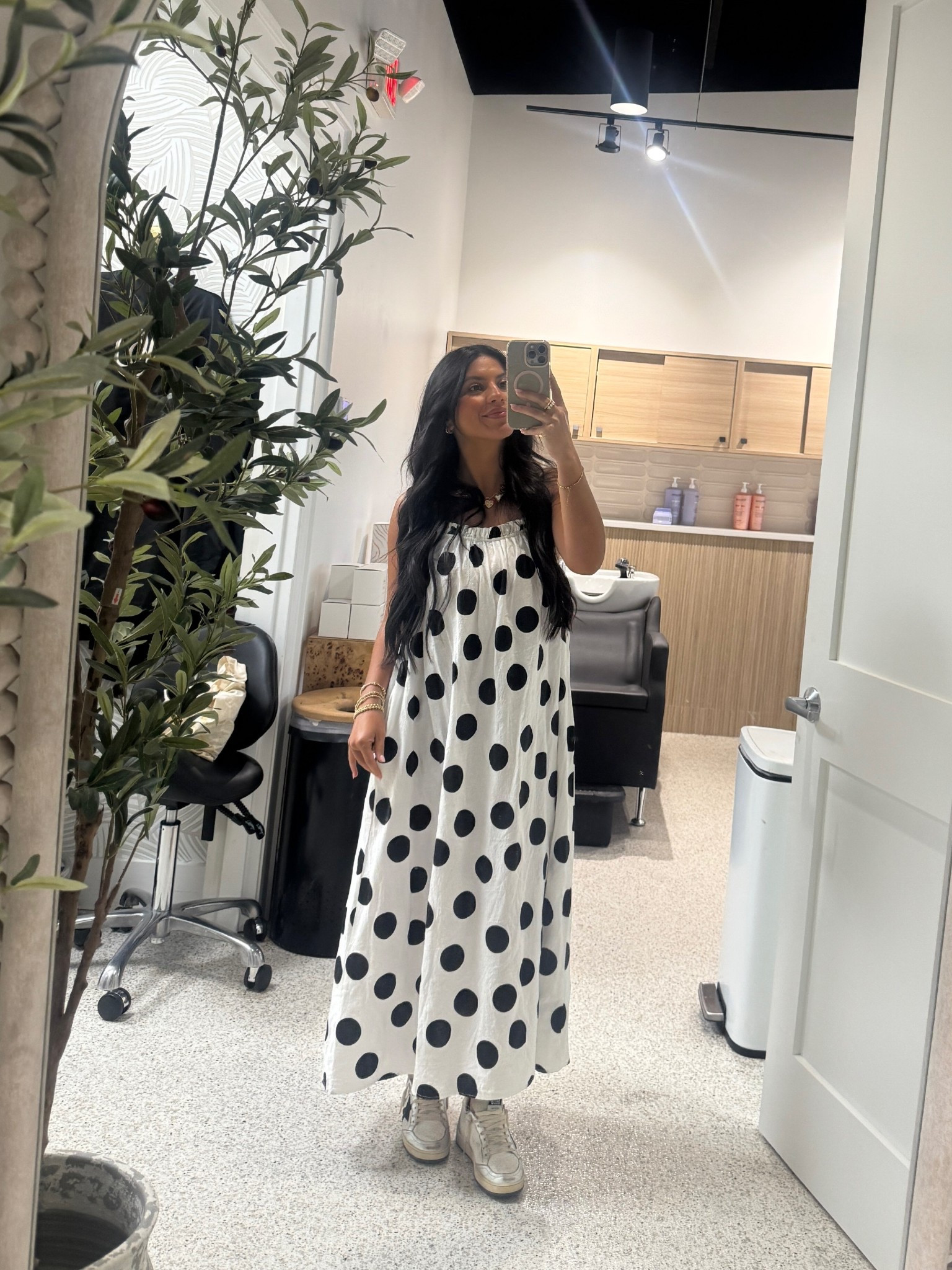 a little polka dot moment 🖤 linking similar options!

Midi dress, polka dot dress, golden goose sneakers