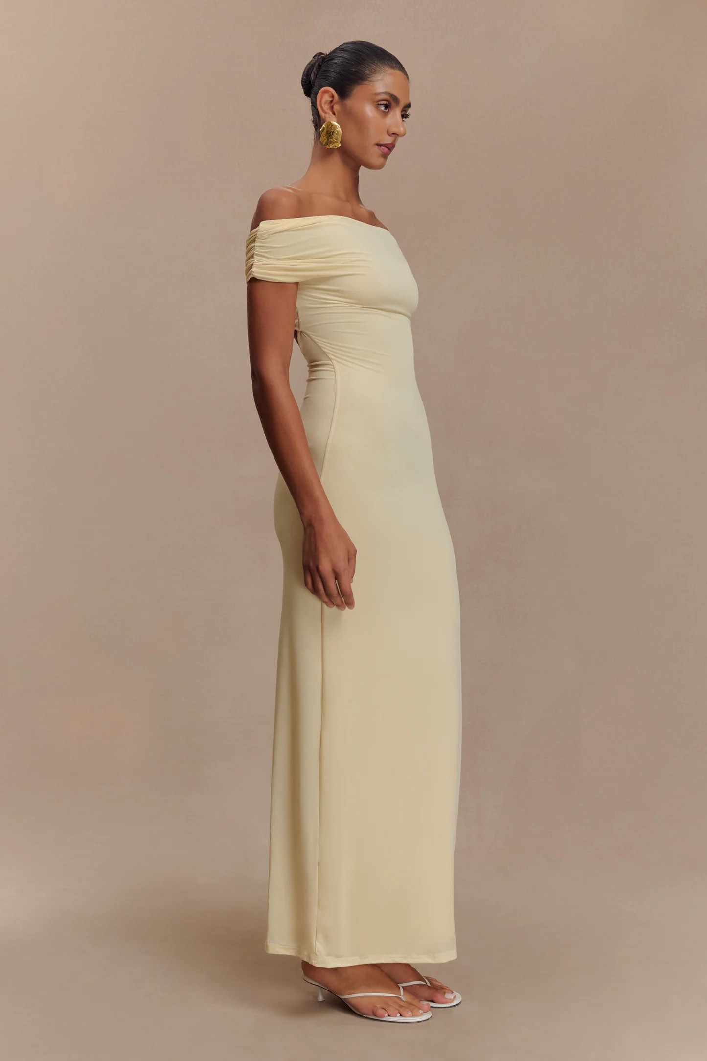 Imogen Off Shoulder Slinky Maxi Dress - Lemon | Meshki UK