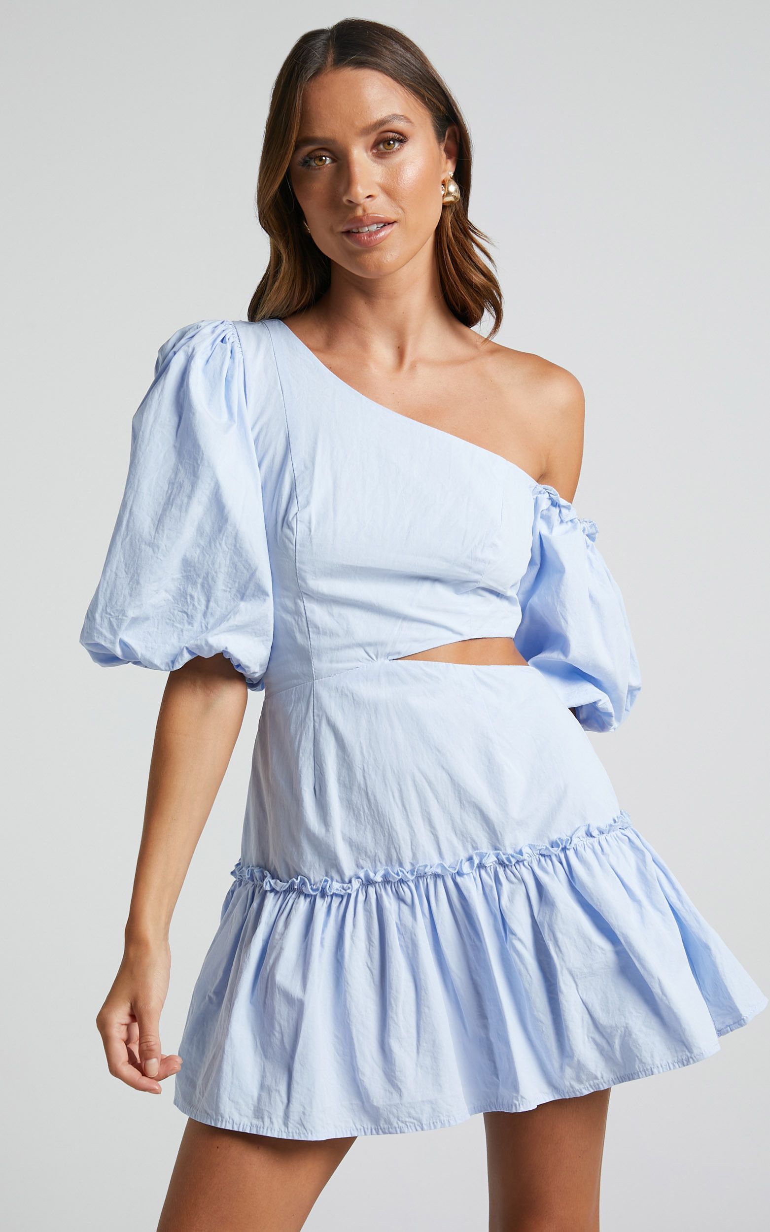 Ashtina Mini Dress - Off One Shoulder Puff Sleeve Dress in Pale Blue | Showpo (US, UK & Europe)