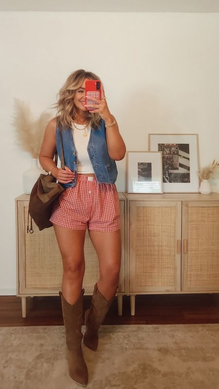 styled some of my FAV current trends in this look! boxer shorts, denim vest + cowgirl bootsabercrombie, amazon spring outfit, festival 

#LTKFestival #LTKStyleTip