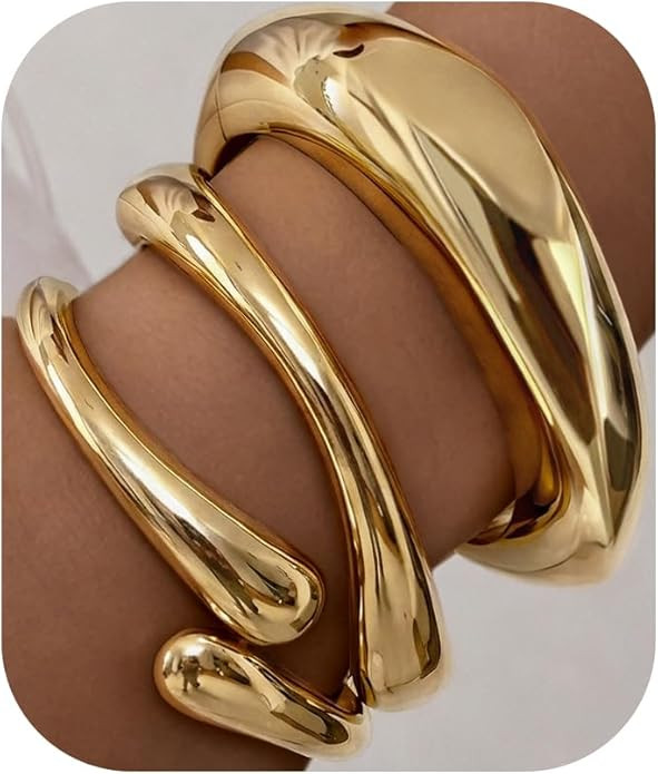 Chunky Gold Bangle Bracelets for Women, 14K Gold Plated Big Stackable Cuff Set, Dainty Thick Dome... | Amazon (US)