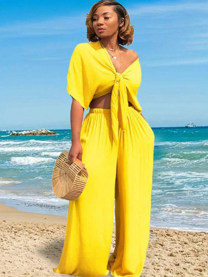 Solid Color Knotted Short Sleeve Top And Straight Trousers | SHEIN