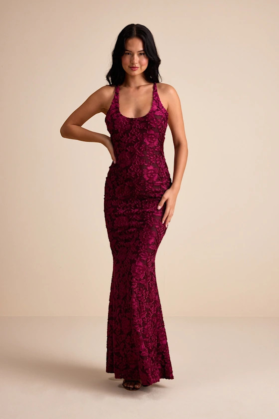Renissa Burgundy Burnout Velvet Backless Mermaid Maxi Dress | Lulus