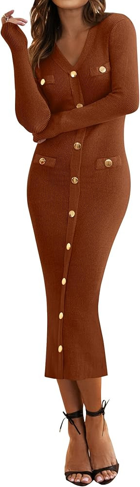 MIROL Women's V-Neck Bodycon Sweater Dress 2024 Fall Long Sleeve Button Down Knit Maxi Dress Eleg... | Amazon (US)