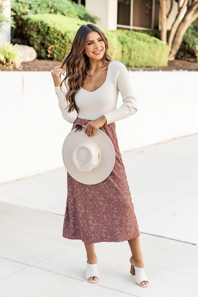 Frolic Through Gardens Mauve Floral Midi Skirt | Pink Lily
