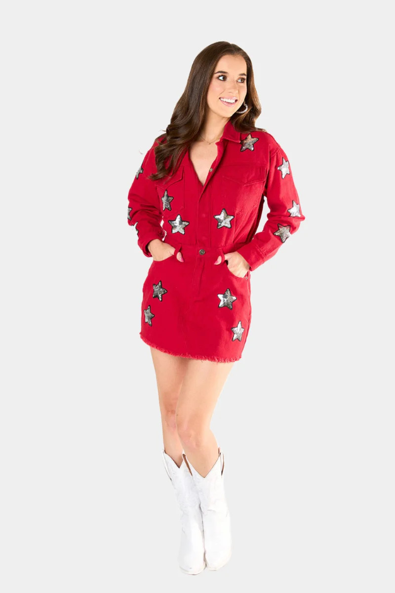 Raelynn Denim Mini Dress - Red | BuddyLove