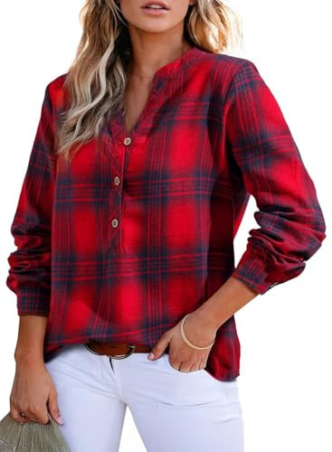 Astylish Women's V Neck Plaid Shirts Flannel Dressy Casual Blouses Button-Down Business Work Boho Tops Fashion Long Sleeve Cozy 2025 Fall Outfits Red Medium | Amazon (US)
