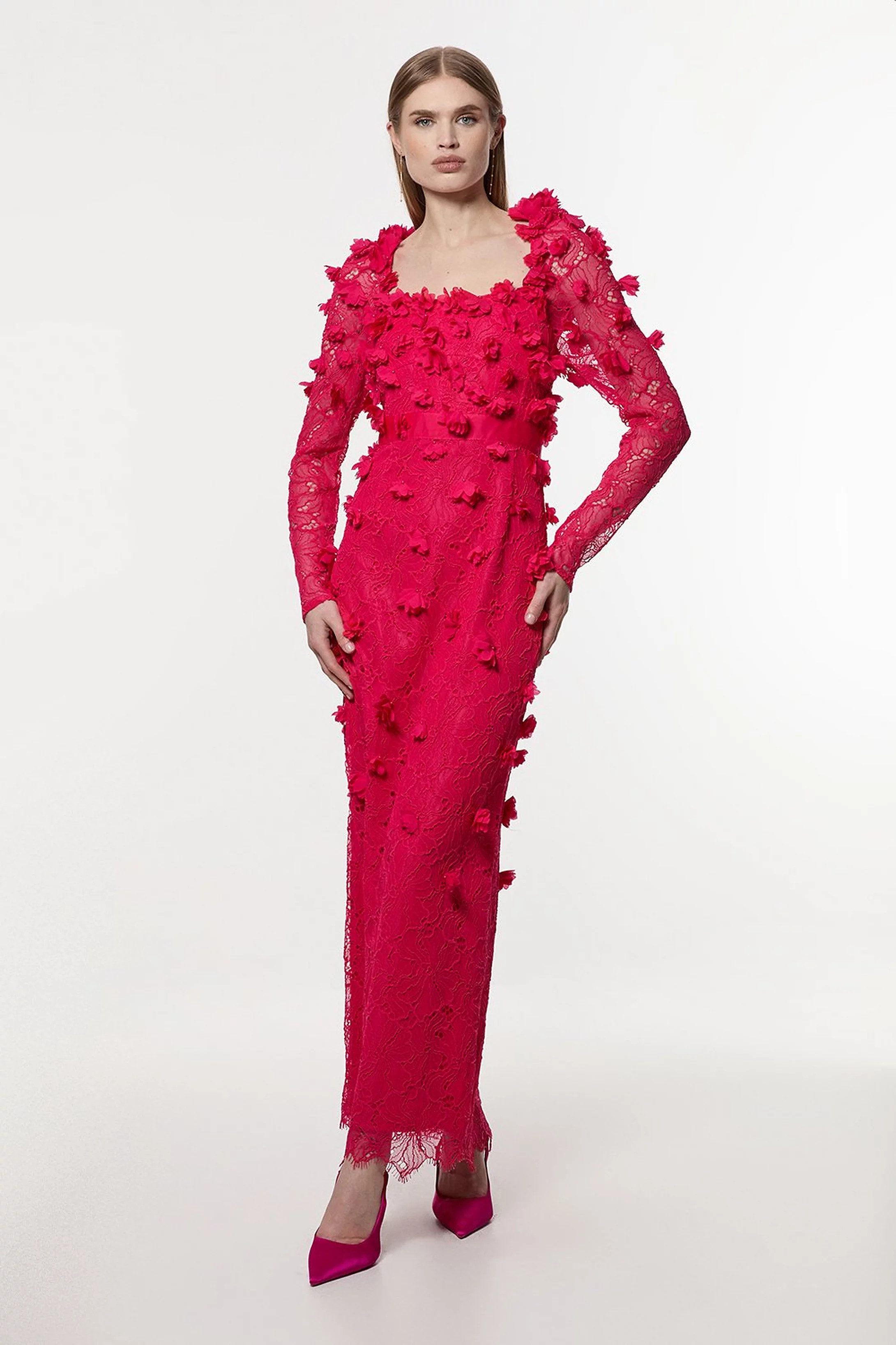 Lace Petal Applique Woven Midi Dress | Karen Millen US