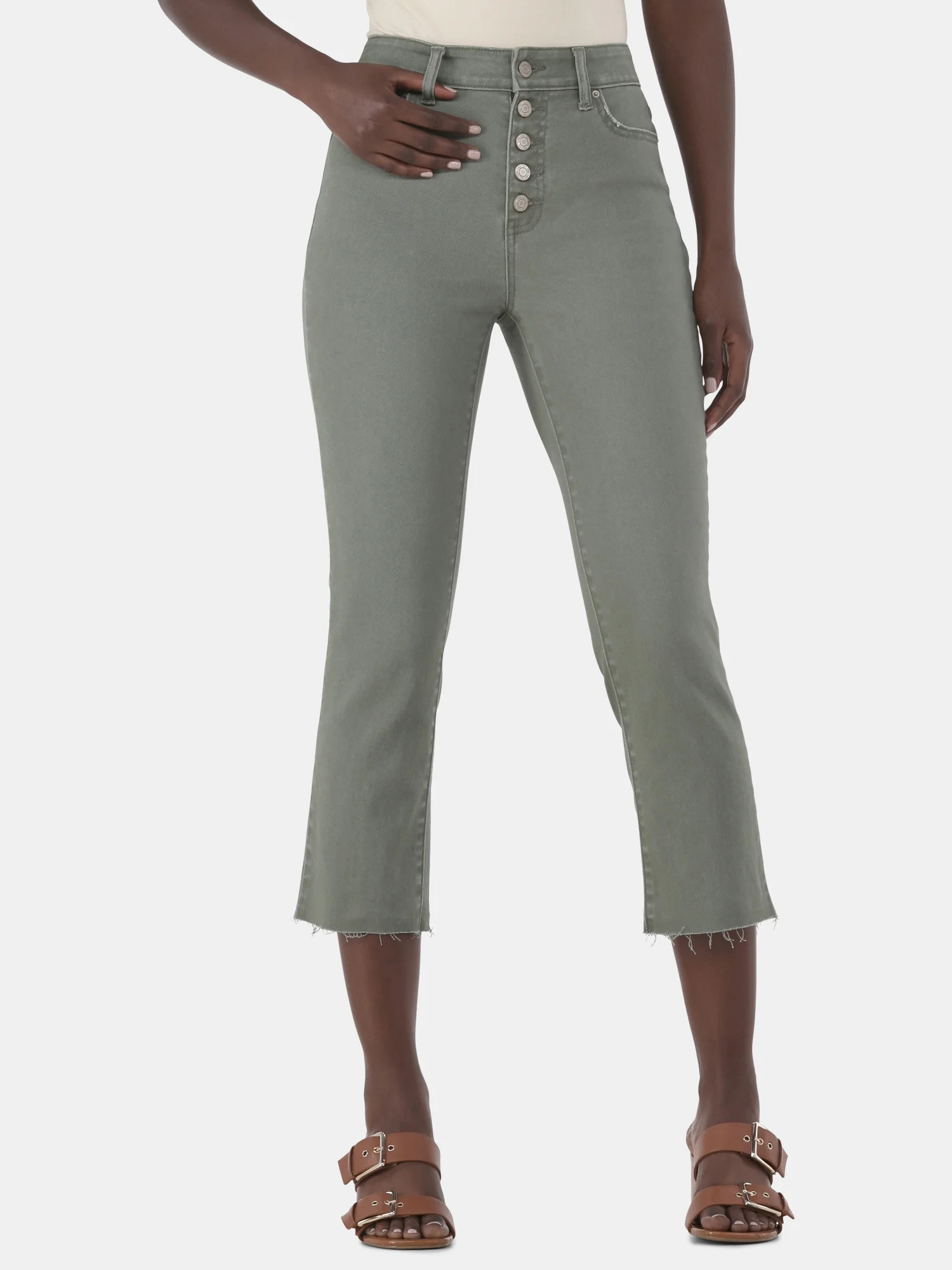 Time and Tru Women's High Rise Button Fly Straight Leg Crop Jeans, 25" Inseam, Sizes 0-22 | Walmart (US)