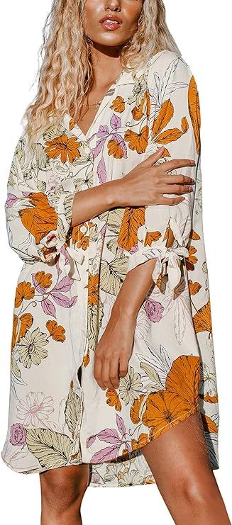 CUPSHE Women Floral Shirt Dress Cover Up Beach Dress 3/4 Sleeve Button Down Midi Length Dress Whi... | Amazon (US)