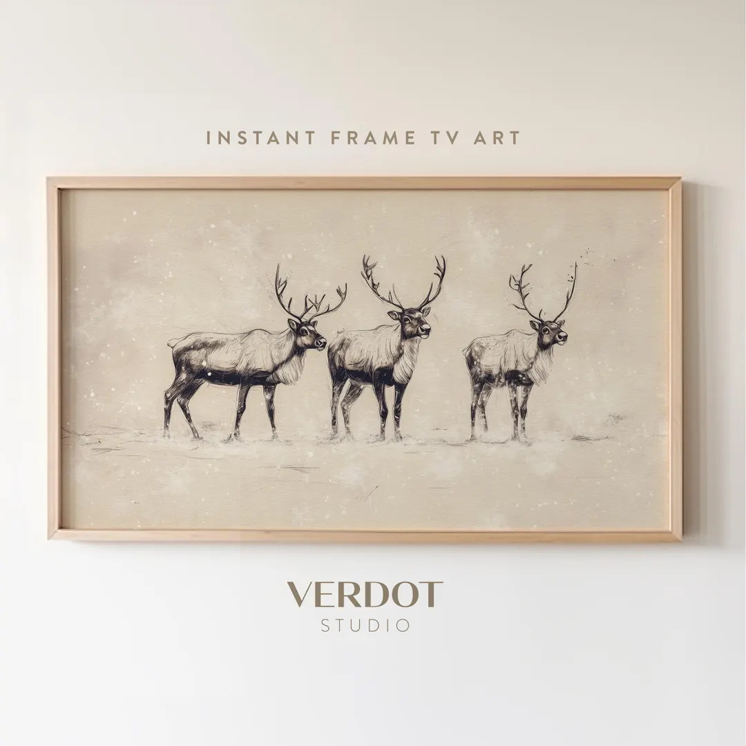 Christmas Reindeer Frame Tv Art, Christmas Decor, Neutral Deer Sketch Drawing Holiday Screensaver... | Etsy (US)