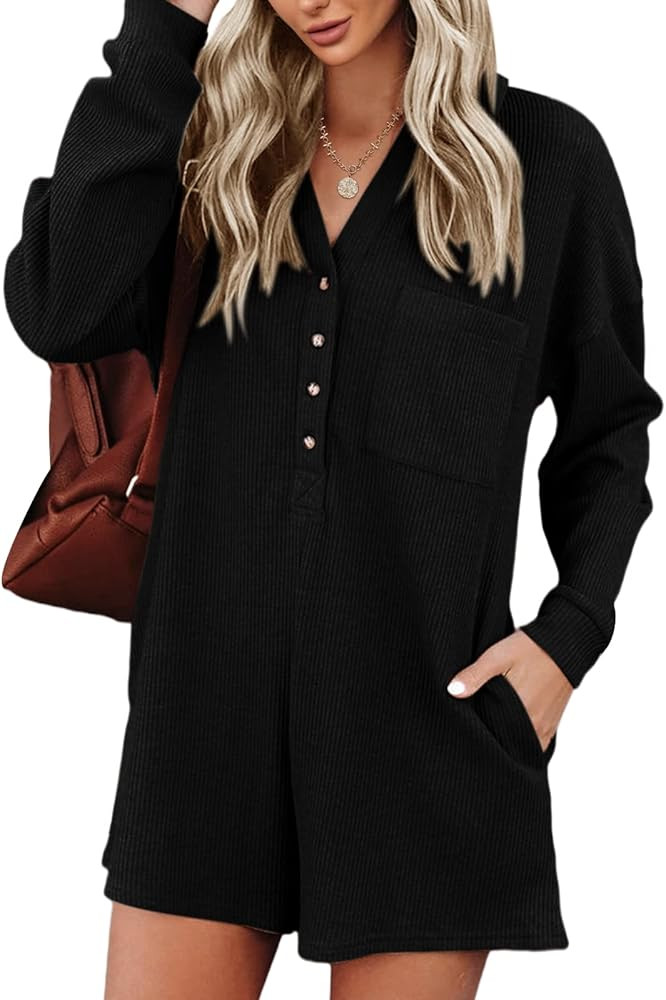 Saodimallsu Womens V Neck Button Romper Casual Waffle Knit Short Sleeve Playsuit Short One Piece ... | Amazon (US)