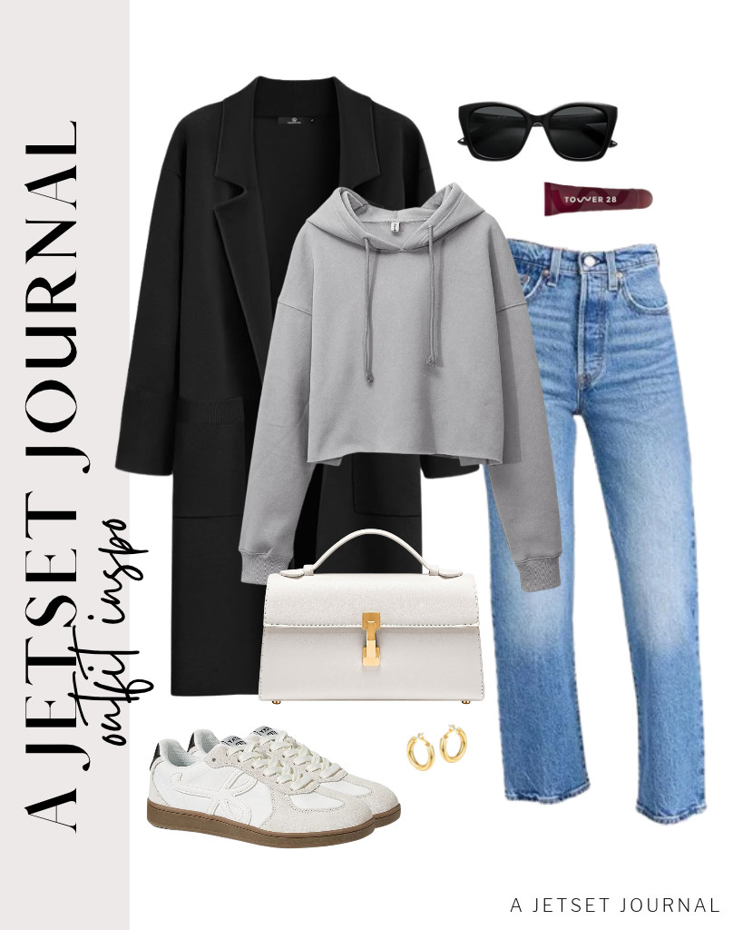 This gray cropped hoodie from Amazhiyu, paired with Levi’s ribcage ankle jeans, is perfect with a black LILLUSORY long cardigan sweater. Style it with LUCKY STEP fashion sneakers and a GONGSOUND top-handle shoulder bag. Add these chunky hoop earrings and apply Tower 28 LipSoftie Tinted Lip Balm Treatment to finish this look. 

 #LTKSeasonal #LTKSaleAlert #LTKTravel