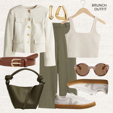 Brunch outfit 🥐 Still waiting on that linen jacket to arrive in europe! 

‼️Don’t forget to tap 🖤 to add this post to your favorites folder below and come back later to shop

Make sure to check out the size reviews/guides to pick the right size

Summer outfit, spring outfit, casual brunch outfit, green tailored pants, tailored trousers, linen trousers, linen jacket, crop knit top, cropped top, dark green bag, veja campo sneakers, sneaker look, 

#LTKstyletip #LTKeurope #LTKSeasonal