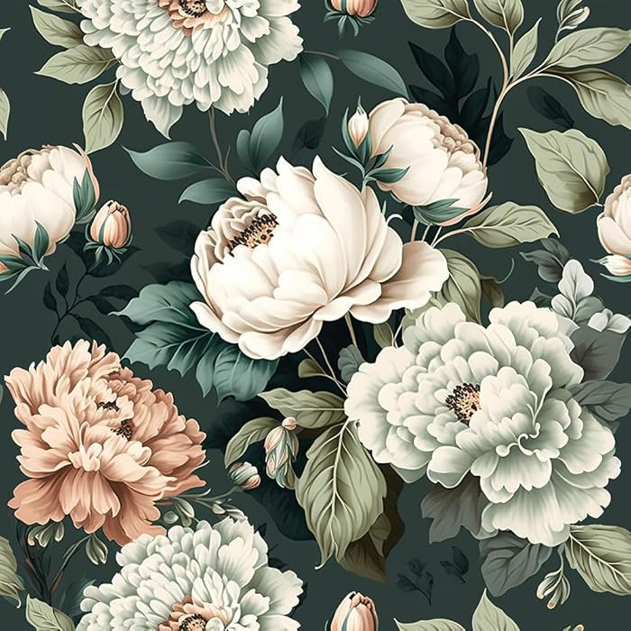 Dark Green White Peonies Vintage Floral Peel and Stick Wallpaper Wall Decor Self Adhesive Wall Pa... | Amazon (US)