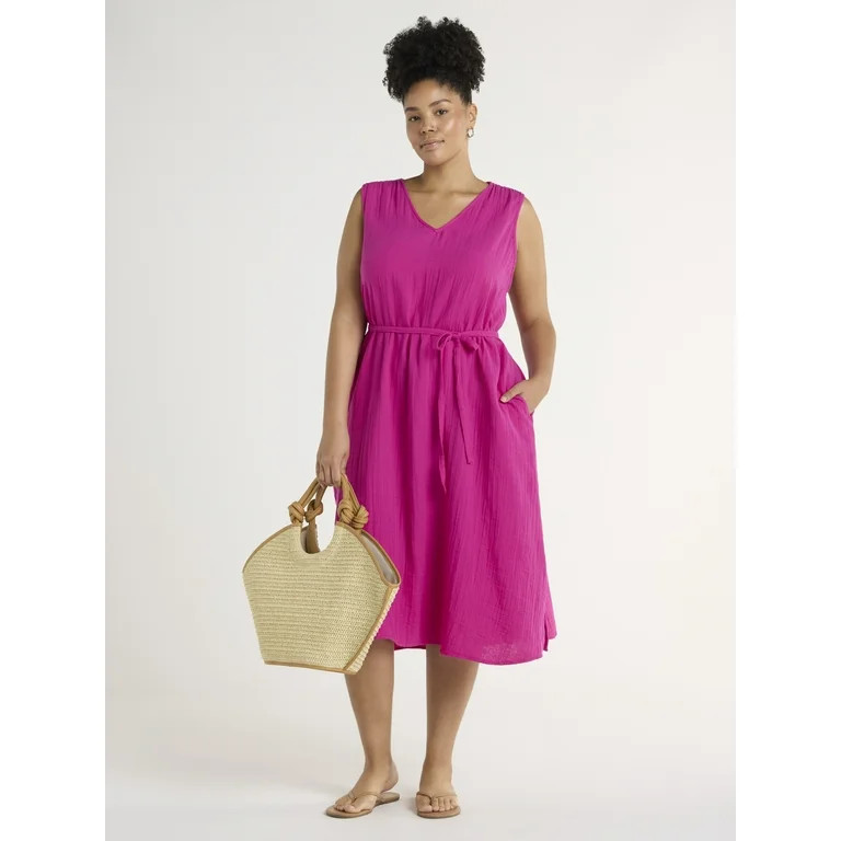 Time and Tru Women's and Women's Plus V-Neck Midi Dress, Sizes XS-4X | Walmart (US)