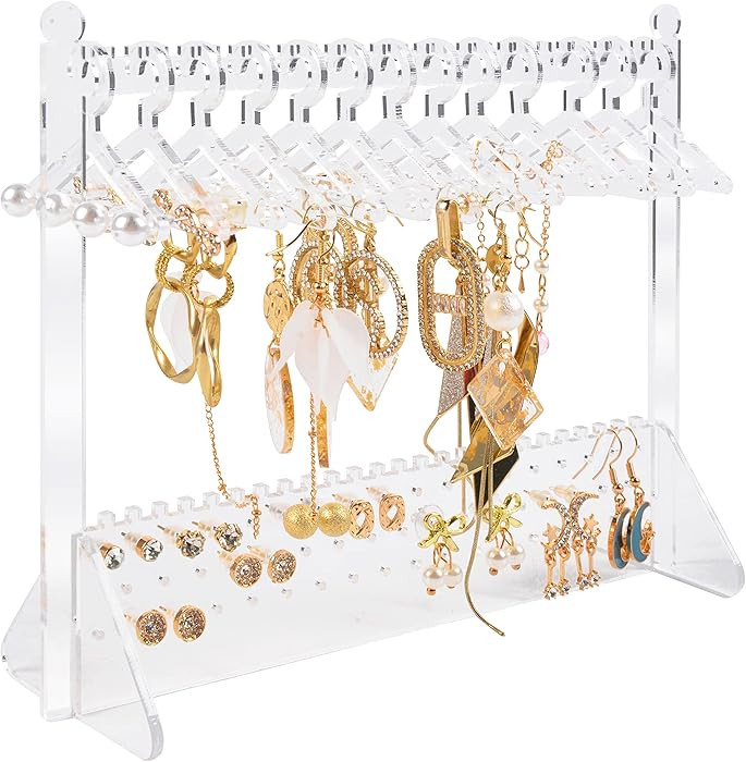 ChezMax Earring Organizer Stand, Clear Acrylic Jewelry Holder with Mini Hangers, Cute 134 Holes E... | Amazon (US)