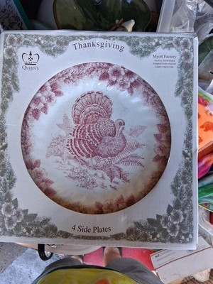 Queens Myott Factory Thanksgiving Turkey 8" Plates Pink Boxed Group of 4 Retired | eBay US