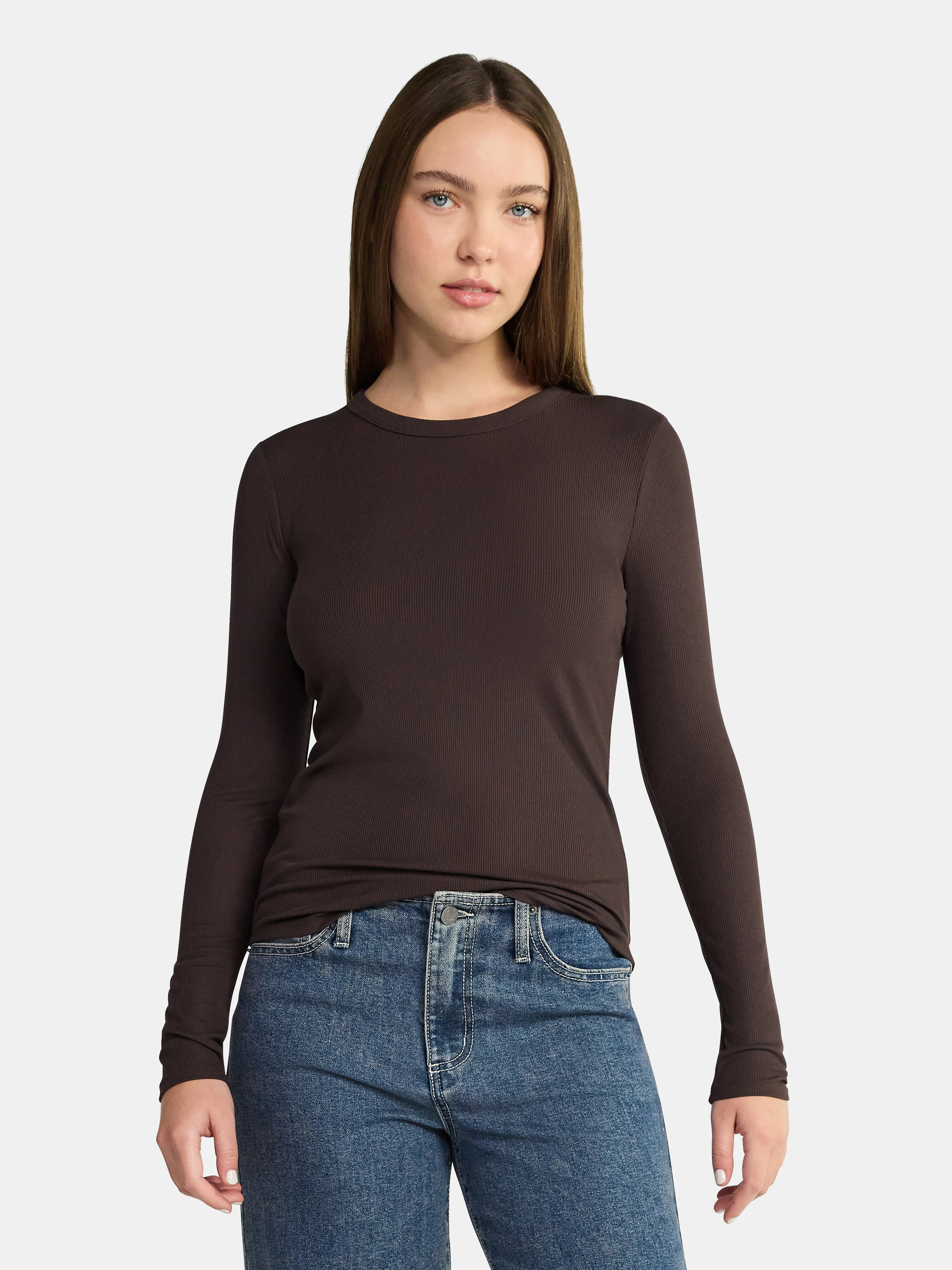 No Boundaries Ribbed Crewneck Tee with Long Sleeves, 1 or 2-Pack, Women's & Women's Plus XXS-XXL | Walmart (US)