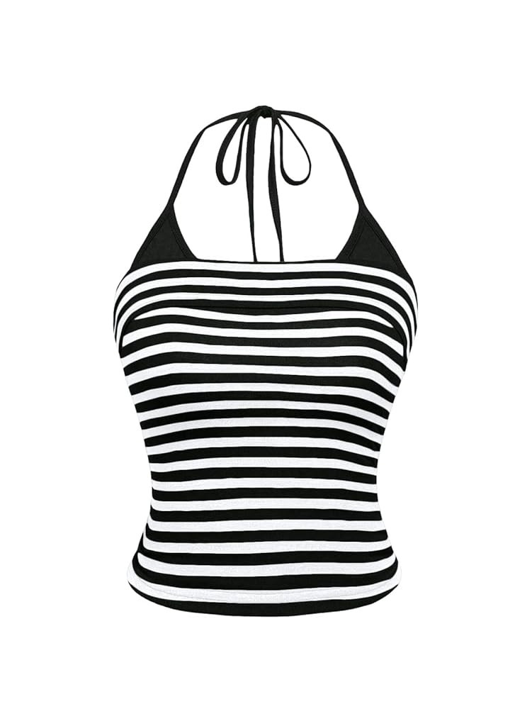 Cioatin Women Y2K Aesthetic Stripe Spaghetti Strap Tie Up Halter Crop Cami Sleeveless Backless Tu... | Amazon (US)