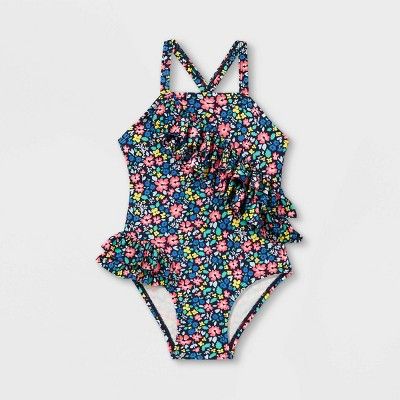 Toddler Girls&#39; Floral Wrap Ruffle One Piece Swimsuit - Cat &#38; Jack&#8482; Blue 12M | Target