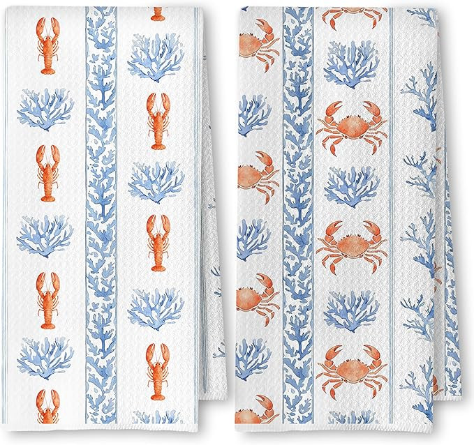 Coastal Beach Lobster Crab Kitchen Towels, Blue Coral Ocean Dish Tea Towels for Kitchen Decor, Cr... | Amazon (US)