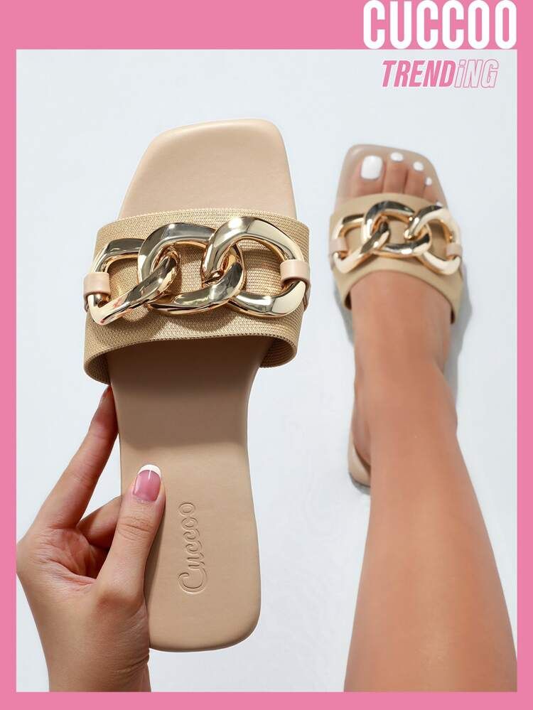 CUCCOO Trending Cool Outdoors Flat Slippers For Women, Chain Decor Plain Fabric Open Toe Slide Sa... | SHEIN
