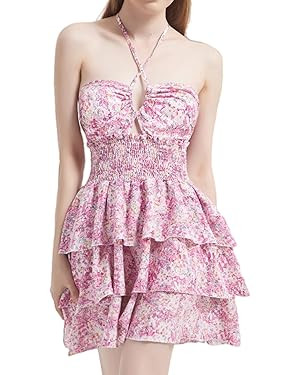 Mebius Womens Floral Mini Dress Preppy Smocked Waist Halter Criss Cross Tiered Hem Backless A Lin... | Amazon (US)