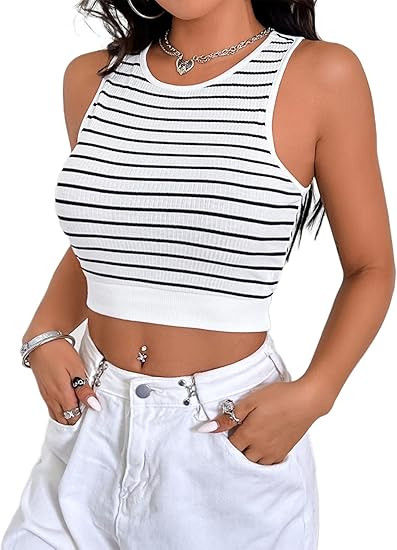 SOLY HUX Womens Summer Tops 2022 Sexy Striped Sleeveless Crop Tops Round Neck Slim Fit Tank Top W... | Amazon (US)