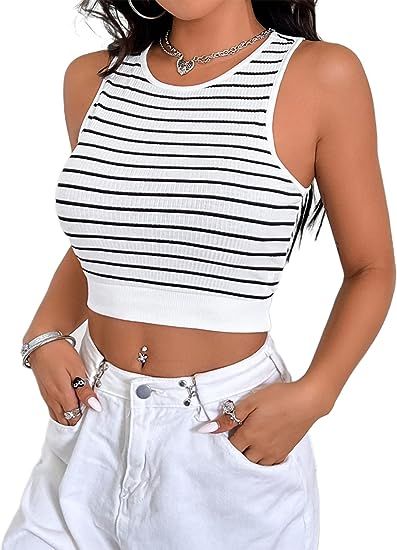 SOLY HUX Womens Summer Tops 2022 Sexy Striped Sleeveless Crop Tops Round Neck Slim Fit Tank Top W... | Amazon (US)