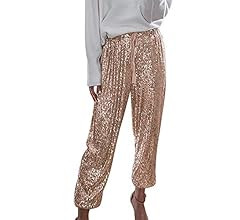 ALLUMK Womens Black Sequin Bling Legging Joggers Pencil Pants with Drawstring | Amazon (US)