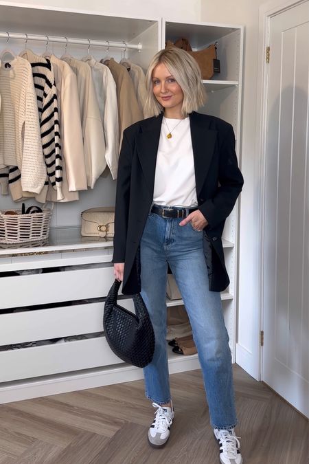 Styling straight leg jeans with a black blazer, white oversized tshirt and adidas sambas for an everyday smart but casual spring look 🖤

#LTKfindsunder100 #LTKshoecrush #LTKmidsize