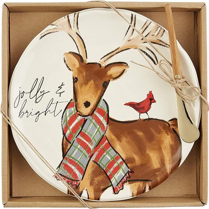 Mud Pie Christmas Cheese Set, Deer, plate 8 1/2" dia | spreader 5 1/2" | Amazon (US)