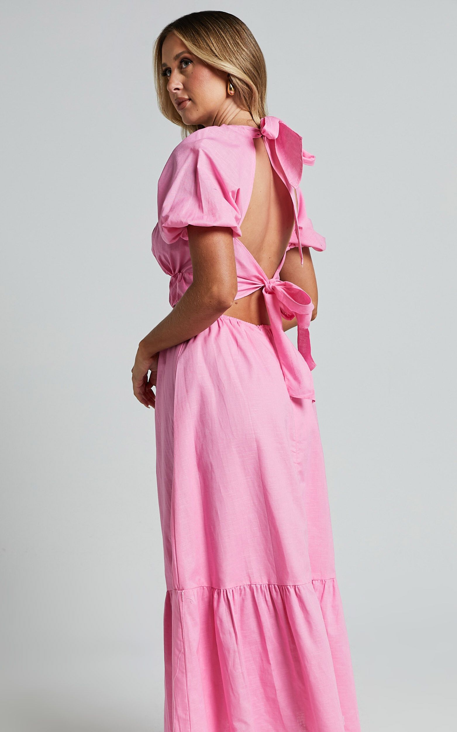 Lukas Midi Dress - Linen Look V Neck Puff Sleeve Dress in Pink | Showpo (US, UK & Europe)