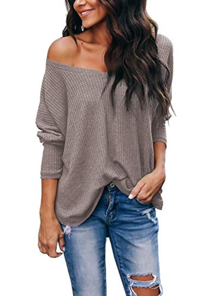 iGENJUN Women's Casual V-Neck Off-Shoulder Batwing Sleeve Pullover Sweater Tops | Amazon (US)