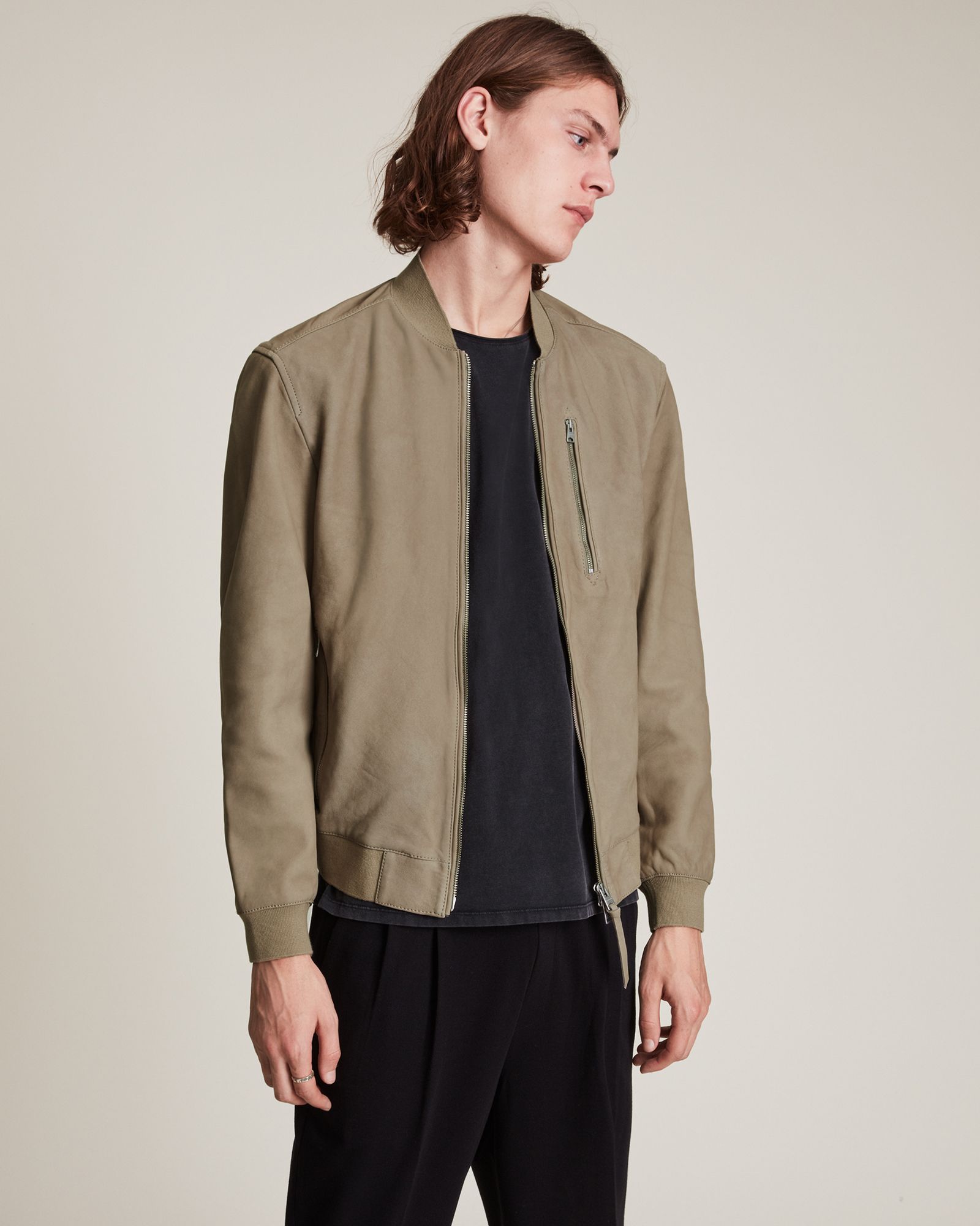 AllSaints Men's Leather Stones Nubuck Bomber Jacket, Khaki, Size: XS | AllSaints UK