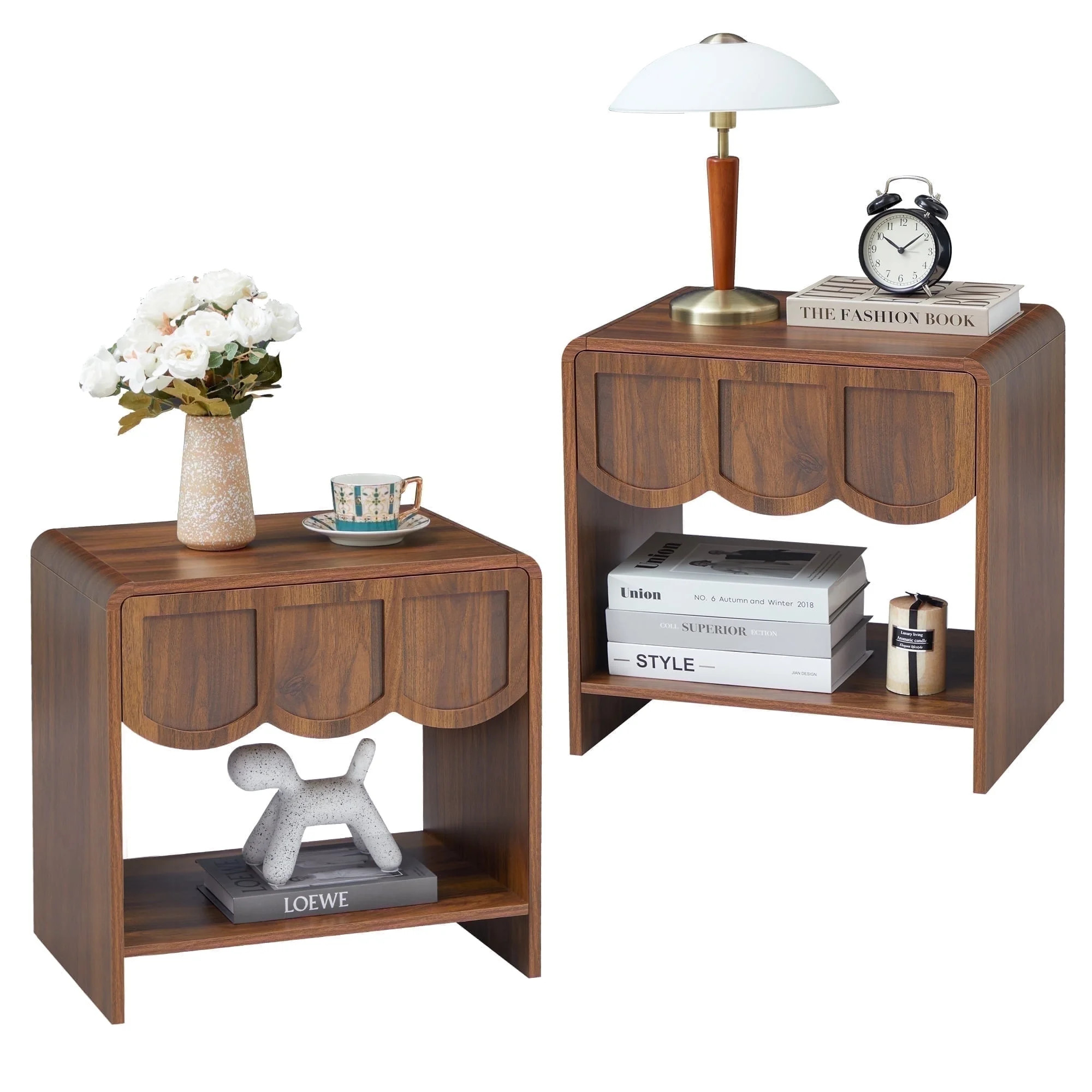 Wirrytor Farmhouse Walnut Fluted Nightstands Set of 2, Mid-Century Chic End Table with Drawer and... | Walmart (US)