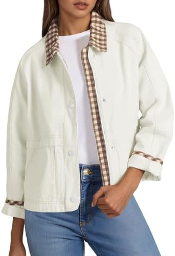 Tankaneo Womens Cropped Jacket Lightweight Casual Zip Up Barn Jackets Fall Contrast Plaid Outerwe... | Amazon (US)