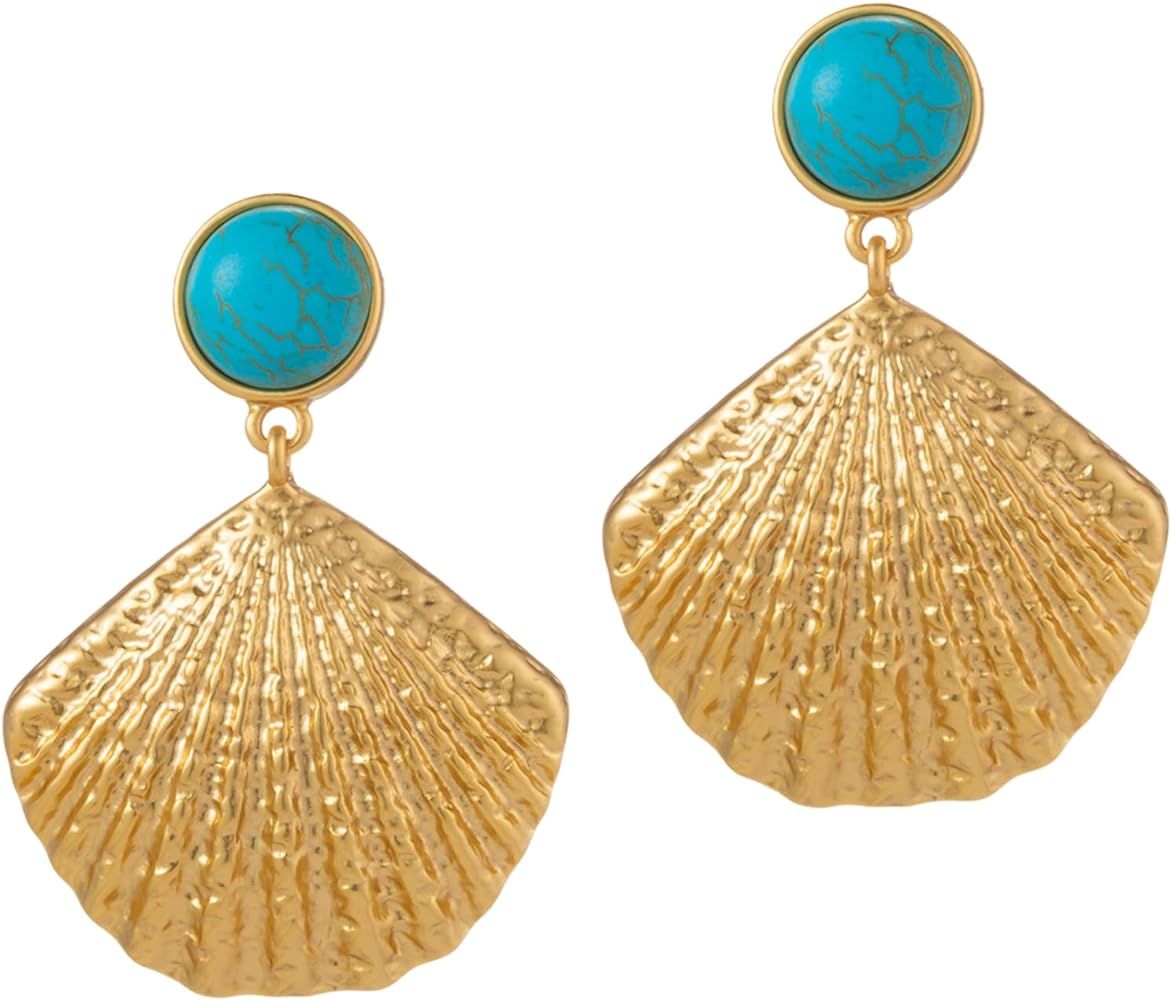 Itcoery Gold Sea Shell Stud Earrings Turquoise Scallop Drop Dangle Beach Jewelry | Amazon (US)
