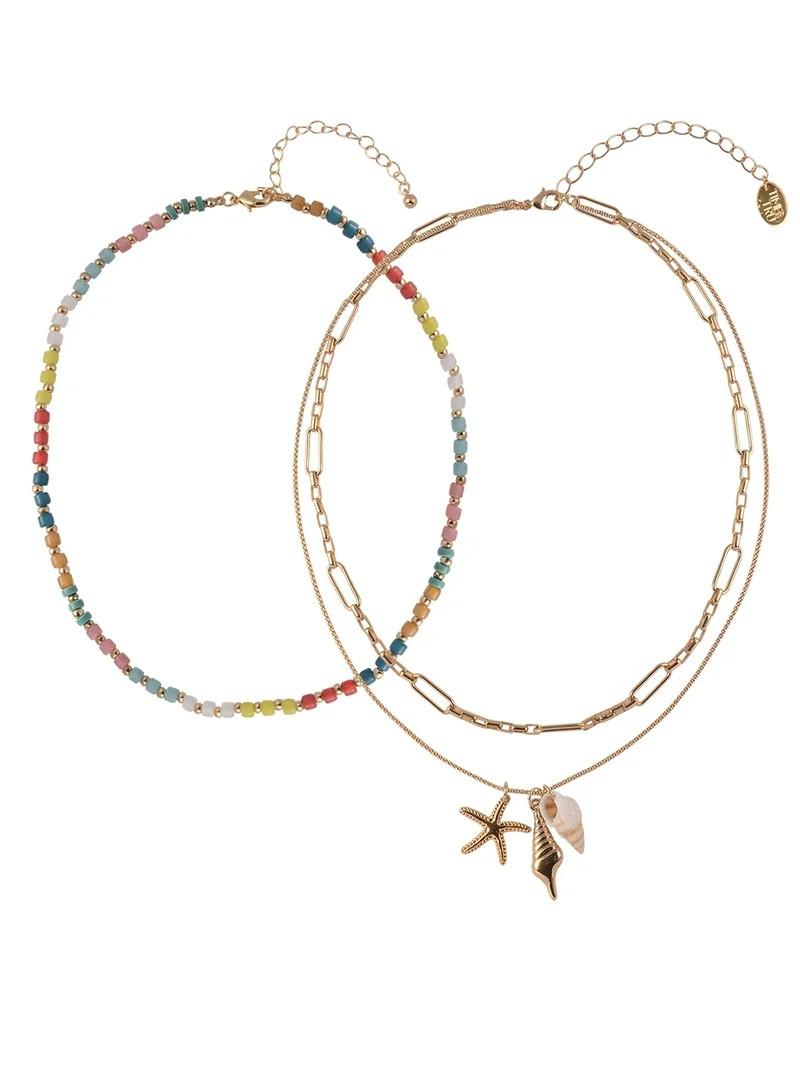 Time and Tru Adult Female Gold-Tone Metal Sea Motif Charms, Oval Cable Chain, and Multi Bead 2pc ... | Walmart (US)