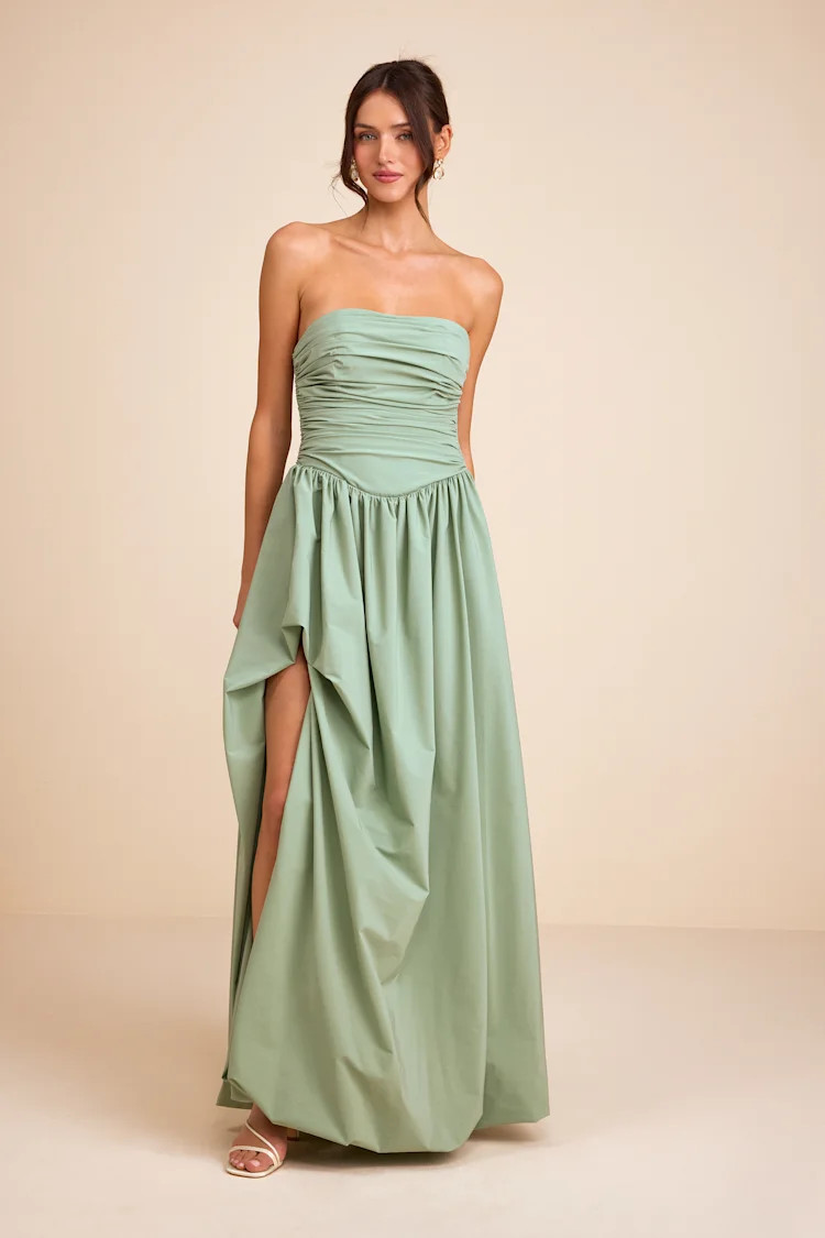 Marilou Sage Green Strapless Ruched Lace-Up Maxi Dress | Lulus