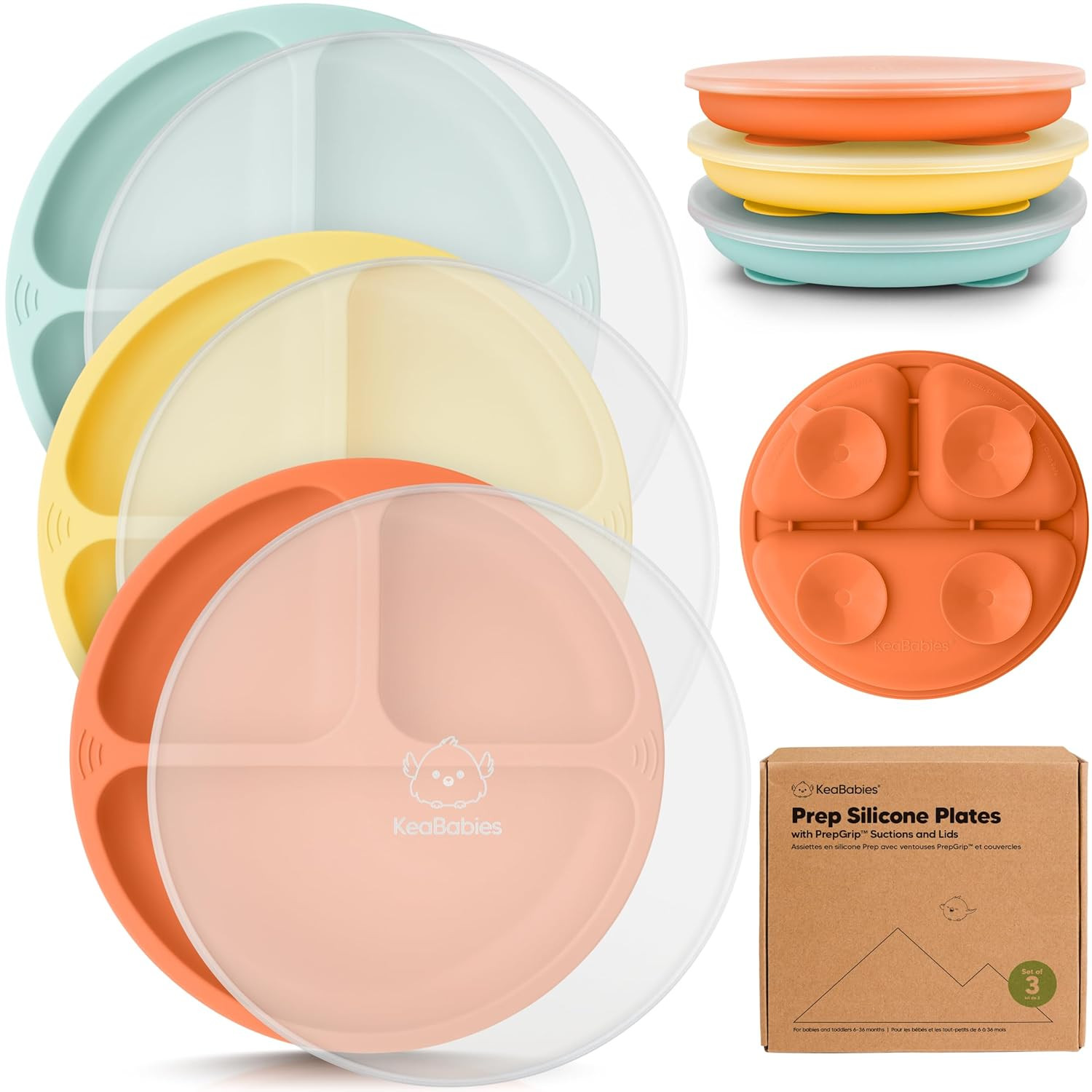 KeaBabies Suction Plates with Lids for Baby - 3-Pack 100% Silicone Toddler Plates with Suction, D... | Amazon (US)