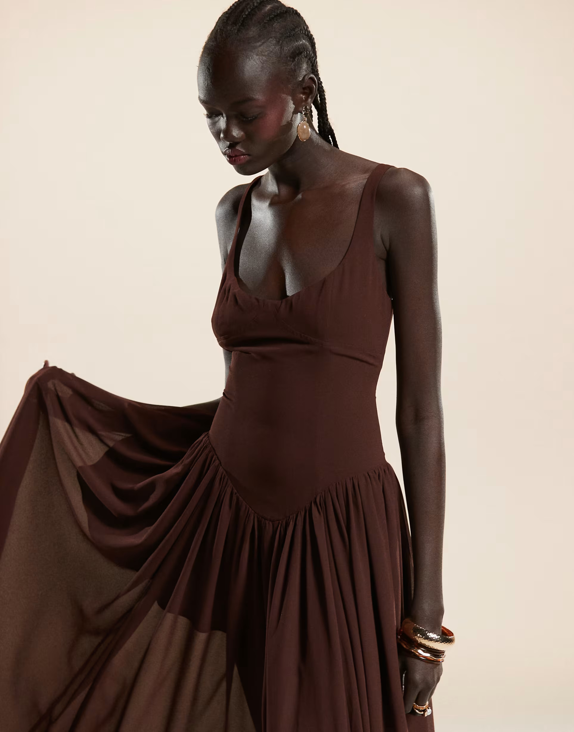 Bardot drop waist maxi dress in chocolate brown | ASOS (Global)